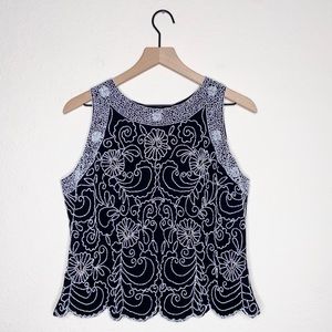 J Kara Black White Beaded Sleeveless Scallop Top